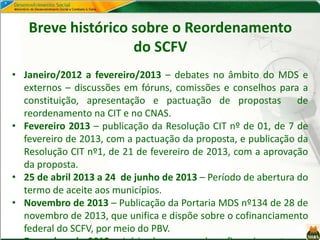 Breve histórico sobre o Reordenamento
do SCFV
• Janeiro/2012 a fevereiro/2013 – debates no âmbito do MDS e
externos – discussões em fóruns, comissões e conselhos para a
constituição, apresentação e pactuação de propostas de
reordenamento na CIT e no CNAS.
• Fevereiro 2013 – publicação da Resolução CIT nº de 01, de 7 de
fevereiro de 2013, com a pactuação da proposta, e publicação da
Resolução CIT nº1, de 21 de fevereiro de 2013, com a aprovação
da proposta.
• 25 de abril 2013 a 24 de junho de 2013 – Período de abertura do
termo de aceite aos municípios.
• Novembro de 2013 – Publicação da Portaria MDS nº134 de 28 de
novembro de 2013, que unifica e dispõe sobre o cofinanciamento
federal do SCFV, por meio do PBV.
 