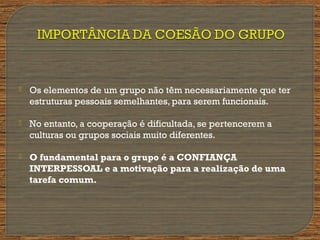  Os elementos de um grupo não têm necessariamente que ter
estruturas pessoais semelhantes, para serem funcionais.
 No entanto, a cooperação é dificultada, se pertencerem a
culturas ou grupos sociais muito diferentes.
 O fundamental para o grupo é a CONFIANÇA
INTERPESSOAL e a motivação para a realização de uma
tarefa comum.
 