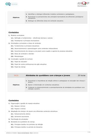 1. Modelos curriculares
1.1. Definição e fundamentos – referências teóricas e valores
1.2. Paradigmas e principais teorizadores
2. Orientações curriculares e áreas de conteúdo
2.1. Fundamentos e princípios educativos
2.2. Desenvolvimento e aprendizagem como vertentes indissociáveis
2.3. Reconhecimento da criança ou do jovem como sujeito e agente do processo educativo
2.4. Áreas de conteúdo a abordar
2.5. Metodologias
3. Construção e gestão do currículo
3.1. Papel do educador
3.2. Papel de outros profissionais de ação educativa
3.3. Papel da criança
1. Organização e gestão do espaço educativo
1.1. Espaço e tempo
1.2. Regras e rotinas
2. Adaptação da criança e do jovem aos diferentes contextos educativos
2.1. Relacionamento afetivo
2.2. Ambiente securizante
3. Planificação de atividades
4. Atividades do quotidiano da criança
4.1. Principais tarefas nos períodos da refeição
4.2. Principais tarefas no período de descanso
Objetivos
1. Identificar e distinguir diferentes modelos curriculares e pedagógicos.
2. Reconhecer os pensamentos dos principais teorizadores de diferentes paradigmas
educativos.
3. Distinguir as diferentes áreas de conteúdo educativo.
Conteúdos
9639 Atividades do quotidiano com crianças e jovens 25 horas
Objetivos
1. Reconhecer a importância da relação afetiva e pedagógica na educação das criança e
jovens.
2. Apoiar a Intervenção em contextos educativos.
3. Colaborar no desenvolvimento e acompanhamento de atividades do quotidiano com
crianças e jovens.
Conteúdos
13 / 59
REFERENCIAL DE FORMAÇÃO | Técnico/a de Ação Educativa - Nível 4 | 08/02/2022
 