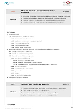 1. Educação inclusiva
1.1. Princípios e valores da educação inclusiva
1.1.1. Diversidade individual e social
1.1.2. Equidade no acesso a uma educação de qualidade
1.1.3. Oportunidades educativas
1.1.4. Valorização da diversidade
1.1.5. Princípio da não discriminação
2. Necessidades educativas específicas: Interação entre fatores intrínsecos e fatores ambientais
2.1. Conceitos de atividade e participação
2.2. Conceito de deficiências e incapacidade
2.3. Modelo de funcionalidade e incapacidade
2.3.1. Fatores intrínsecos à criança
2.3.1.1. Estruturas e funções do corpo
2.3.1.2. Alterações nas estruturas e funções do corpo
2.3.1.3. Fatores ambientais - facilitadores ou barreiras à atividade e participação
2.3.2. Produtos e tecnologia
2.3.3. Ambiente natural e acessibilidade
2.3.4. Apoio e relacionamentos
2.3.5. Atitudes
2.3.6. Serviços, sistemas e políticas
3. Interação família/equipa educativa
9649 Educação inclusiva e necessidades educativas
específicas
50 horas
Objetivos
1. Distinguir os conceitos de educação inclusiva e de necessidades educativas específicas.
2. Reconhecer os fatores que determinam as necessidades educativas específicas.
3. Relacionar os fatores que determinam as necessidades educativas específicas.
4. Reconhecer a interação que deve existir entre a família e a equipa educativa.
Conteúdos
10653 Literatura para a infância e juventude 25 horas
Objetivos
1. Reconhecer a importância da literatura na educação de infância e da juventude.
2. Aplicar estratégias e técnicas de contar histórias.
3. Reconhecer o valor livro enquanto meio educativo por excelência.
4. Aplicar técnicas de leitura e escrita para a infância e juventude.
Conteúdos
18 / 59
REFERENCIAL DE FORMAÇÃO | Técnico/a de Ação Educativa - Nível 4 | 08/02/2022
 