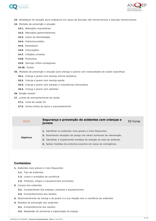 13. Estratégias de atuação do/a cuidador/a em casos de doenças não transmissíveis e doenças transmissíveis
14. Medidas de prevenção e atuação
14.1. Alterações respiratórias
14.2. Alterações gastrointestinais
14.3. Casos de desidratação
14.4. Febre/convulsões
14.5. Parasitoses
14.6. Intoxicações
14.7. Infeções urinárias
14.8. Pediculose
14.9. Doenças infeto-contagiosas
14.10. Outras
15. Medidas de prevenção e atuação para crianças e jovens com necessidades de saúde específicas
15.1. Criança e jovem com doença crónica complexa
15.2. Criança e jovem com doença aguda
15.3. Criança e jovem com alergias e intolerâncias alimentares
15.4. Criança e jovem com diabetes
16. Evicção escolar
17. Linhas de aconselhamento de saúde
17.1. Linha de saúde 24
17.2. Outras linhas de apoio e aconselhamento
1. Acidentes mais graves e mais frequentes
1.1. Tipo de acidentes
1.2. Locais e condições de ocorrência
1.3. Produtos, artigos e equipamentos envolvidos
2. Causas dos acidentes
2.1. Características dos espaços, produtos e equipamentos
2.2. Comportamentos dos adultos
3. Desenvolvimento da criança e do jovem e a sua relação com a ocorrência de acidentes
4. Medidas de prevenção dos acidentes
4.1. Comportamento dos adultos
4.2. Adaptação do ambiente e organização do espaço
9636 Segurança e prevenção de acidentes com crianças e
jovens
50 horas
Objetivos
1. Identificar os acidentes mais graves e mais frequentes.
2. Reconhecer situações de perigo nos vários contextos de intervenção.
3. Identificar e implementar medidas de redução do risco de acidente.
4. Aplicar medidas de primeiros socorros em casos de emergência.
Conteúdos
22 / 59
REFERENCIAL DE FORMAÇÃO | Técnico/a de Ação Educativa - Nível 4 | 08/02/2022
 