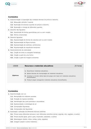 1. Experimentação e exploração das múltiplas técnicas de pintura e desenho
1.1. Adequação utensílio / suporte
1.2. Exploração de diversos suportes de pintura e desenho
1.3. Exploração e manejo de diferentes suportes
2. Desenho não figurativo
2.1. Reprodução de formas geométricas com ou sem modelo
2.2. Ritmos ornamentais
3. Desenho figurativo
3.1. Representação de formas da natureza com ou sem modelo
3.2. Representação da figura humana
3.3. Representação de vivências, sentimentos
3.4. Representação de sequências temporais
4. Desenvolvimento da criatividade
4.1. Criação de seres ou situações fantásticas
4.2. Criação a partir de uma forma
4.3. Criação a partir de imagens sensoriais
1. Experimentação com cor
1.1. Manipulação de materiais corantes
1.2. Perceção da riqueza cromática
1.3. Identificação das cores primárias e secundárias
1.4. Expressividade e simbologia da cor
1.5. Composições figurativas
1.6. Composições não figurativas
2. Exploração e aplicação de diferentes técnicas pictóricas
2.1. Pintura sobre diferentes texturas e com diferentes utensílios (pincel, esponja, rolo, vegetais, e outros)
2.2. Pintura liquida (jacto, gota a gota, impressão, salpicada, e outros)
2.3. Estampagem (dedos, mãos, cortiça, corda, vegetais)
2.4. Colagem (papel e outros materiais)
Conteúdos
10658 Recursos e materiais educativos 25 horas
Objetivos
1. Reconhecer materiais educativos.
2. Aplicar técnicas de manipulação de materiais educativos.
3. Construir e montar vários tipos de peças com base em materiais educativos
diversificados.
4. Produzir peças conjugando materiais educativos diversificados.
Conteúdos
26 / 59
REFERENCIAL DE FORMAÇÃO | Técnico/a de Ação Educativa - Nível 4 | 08/02/2022
 