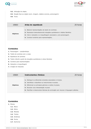 4.4. Utilização do objeto
4.5. Reação face ao objeto (som, imagem, objetos sonoros, personagem)
4.6. Texto
1. Personagem – características
2. Teatro de sombras com o corpo
3. Espetáculo de sombras
4. Teatro infantil a partir de situações quotidianas e obras literárias
5. Cenários para representações
6. Vestuário e maquilhagem
7. Criação de máscaras
1. Música
1.1. Altura
1.2. Ritmo
1.3. Melodia
1.4. Timbre
1.5. Dinâmica
1.6. Forma
1.7. Harmonia
10663 Artes do espetáculo 25 horas
Objetivos
1. Elaborar representações de teatro de sombras.
2. Reproduzir dramaticamente situações quotidianas e relatos literários.
3. Criar o vestuário e a maquilhagem associado a uma personagem.
4. Construir cenários para representações.
Conteúdos
10664 Instrumentos rítmicos 25 horas
Objetivos
1. Distinguir os diferentes conceitos associados à música.
2. Identificar e classificar os instrumentos musicais.
3. Diferenciar os principais géneros e estilos musicais.
4. Executar uma interpretação musical.
5. Planificar e desenvolver técnicas de animação com recurso à linguagem plástica.
Conteúdos
30 / 59
REFERENCIAL DE FORMAÇÃO | Técnico/a de Ação Educativa - Nível 4 | 08/02/2022
 