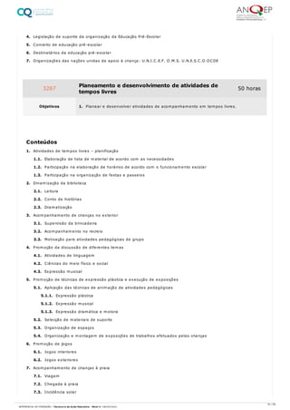 4. Legislação de suporte da organização da Educação Pré-Escolar
5. Conceito de educação pré-escolar
6. Destinatários da educação pré-escolar
7. Organizações das nações unidas de apoio à criança: U.N.I.C.E.F. O.M.S. U.N.E.S.C.O.OCDE
1. Atividades de tempos livres – planificação
1.1. Elaboração de lista de material de acordo com as necessidades
1.2. Participação na elaboração de horários de acordo com o funcionamento escolar
1.3. Participação na organização de festas e passeios
2. Dinamização da biblioteca
2.1. Leitura
2.2. Conto de histórias
2.3. Dramatização
3. Acompanhamento de crianças no exterior
3.1. Supervisão da brincadeira
3.2. Acompanhamento no recreio
3.3. Motivação para atividades pedagógicas de grupo
4. Promoção da discussão de diferentes temas
4.1. Atividades de linguagem
4.2. Ciências do meio físico e social
4.3. Expressão musical
5. Promoção de técnicas de expressão plástica e execução de exposições
5.1. Aplicação das técnicas de animação de atividades pedagógicas
5.1.1. Expressão plástica
5.1.2. Expressão musical
5.1.3. Expressão dramática e motora
5.2. Selecção de materiais de suporte
5.3. Organização de espaços
5.4. Organização e montagem de exposições de trabalhos efetuados pelas crianças
6. Promoção de jogos
6.1. Jogos interiores
6.2. Jogos exteriores
7. Acompanhamento de crianças à praia
7.1. Viagem
7.2. Chegada à praia
7.3. Incidência solar
3287 Planeamento e desenvolvimento de atividades de
tempos livres
50 horas
Objetivos 1. Planear e desenvolver atividades de acompanhamento em tempos livres.
Conteúdos
33 / 59
REFERENCIAL DE FORMAÇÃO | Técnico/a de Ação Educativa - Nível 4 | 08/02/2022
 