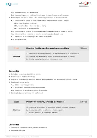 3.4. Jogos simbólicos ou “faz de conta”
3.5. Jogos de linguagem: histórias, lengalengas, destrava línguas, canções, outras
4. Planeamento das rotinas diárias e das atividades promotoras do desenvolvimento.
4.1. Importância do brincar no contexto da relação e dos cuidados diários à criança
4.1.1. Papel do adulto no brincar
4.1.2. Socialização e autonomização da criança
4.1.3. Descoberta do mundo natural
4.2. Importância da garantia da continuidade das rotinas da criança na ama e na família
4.3. Intencionalidade educativa no trabalho com crianças dos 0 aos 3 anos
4.4. Estratégias de implementação das rotinas e atividades
4.5. Regras e limites
1. Evolução e perspetivas da dinâmica familiar
2. Diversidade de modelos familiares
3. Formas de parentalidade: biológica, adoção, apadrinhamento civil, acolhimento familiar e tutela
4. Colaboração com a família
4.1. Estilos educativos parentais
4.2. Adaptação a diferentes contextos familiares
4.3. Estratégias de gestão e prevenção de conflitos
5. Conciliação da vida familiar e vida profissional
1. Conceito de património cultural, artístico e artesanal
2. Hierarquia das artes
9186 Modelos familiares e formas de parentalidade 25 horas
Objetivos
1. Identificar os modelos familiares e as diferentes formas de parentalidade.
2. Colaborar com a família na defesa do superior interesse da criança.
3. Conciliar a vida familiar com a atividade de ama.
Conteúdos
10668 Património cultural, artístico e artesanal 25 horas
Objetivos
1. Reconhecer os conceitos de património cultural, artístico e artesanal.
2. Construir acessórios para teatros e festas populares
3. Elaborar fantoches, marionetas e máscaras.
Conteúdos
42 / 59
REFERENCIAL DE FORMAÇÃO | Técnico/a de Ação Educativa - Nível 4 | 08/02/2022
 