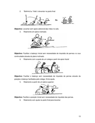 2.   “Bolinha”ou “Vela” a levantar na parte final:




                                                          Ou




Objectivo: Levantar sem apoio adicional das mãos no solo.
       3.   Rolamento em plano inclinado:




Objectivo: Facilitar o balanço inicial sem necessidade de impulsão de pernas e a sua
continuidade através do plano inclinado.
       4.   Rolamento com a ajuda de um colega a partir de apoio facial:




Objectivo: Facilitar o balanço sem necessidade de impulsão de pernas através da
posição e balanço facilitados pelo colega. Entre-ajuda.
       5.   Rolamento a partir de um plano superior:




Objectivo: Facilitar a posição inicial sem necessidade de impulsão das pernas.
       6.   Rolamento com ajuda na parte final para levantar:




                                                                                 13
 