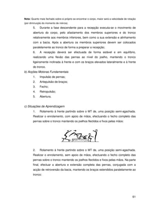 Nota: Quanto mais fechado sobre si próprio se encontrar o corpo, maior será a velocidade de rotação
(por diminuição do momento de inércia).
       5.    Durante a fase descendente para a recepção executa-se o movimento de
       abertura do corpo, pelo afastamento dos membros superiores e do tronco
       relativamente aos membros inferiores, bem como a sua extensão e alinhamento
       com a bacia. Após a abertura os membros superiores devem ser colocados
       paralelamente ao tronco de forma a preparar a recepção;
       6.    A recepção deverá ser efectuada de forma estável e em equilíbrio,
       realizando uma flexão das pernas ao nível do joelho, mantendo o tronco
       ligeiramente inclinada à frente e com os braços elevados lateralmente e à frente
       do tronco.
b) Acções Motoras Fundamentais
       1.    Impulsão de pernas;
       2.    Antepulsão de braços;
       3.    Fecho;
       4.    Retropulsão;
       5.    Abertura.


c) Situações de Aprendizagem
       1.    Rolamento à frente partindo sobre o MT de, uma posição semi-agachada.
       Realizar o enrolamento, com apoio de mãos, efectuando o fecho completo das
       pernas sobre o tronco mantendo os joelhos flectidos e fixos pelas mãos:




       2.    Rolamento à frente partindo sobre o MT de, uma posição semi-agachada.
       Realizar o enrolamento, sem apoio de mãos, efectuando o fecho completo das
       pernas sobre o tronco mantendo os joelhos flectidos e fixos pelas mãos. Na parte
       final, efectuar a abertura e extensão completa das pernas, conjugada com a
       acção de retroversão da bacia, mantendo os braços estendidos paralelamente ao
       tronco:




                                                                                                61
 