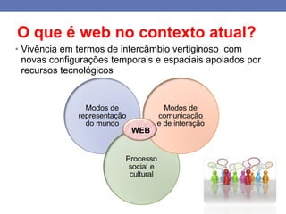 O que é web no contexto atual? Vivência em termos de intercâmbio vertiginoso  com novas configurações temporais e espaciais apoiados por recursos tecnológicos WEB 