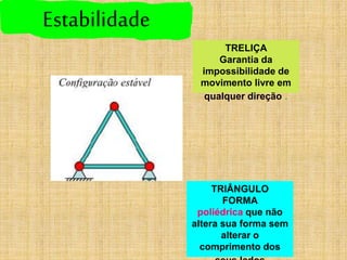 Estabilidade
TRELIÇA
Garantia da
impossibilidade de
movimento livre em
qualquer direção .
TRIÂNGULO
FORMA
poliédrica que não
altera sua forma sem
alterar o
comprimento dos
 