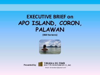EXECUTIVE BRIEF on
APO ISLAND, CORON,
PALAWAN
(860 hectares)
Email: tierradeoro@ymail.com
Presented by:
 