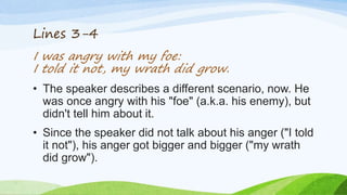 Lines 3-4
I was angry with my foe:
I told it not, my wrath did grow.
• The speaker describes a different scenario, now. He
was once angry with his "foe" (a.k.a. his enemy), but
didn't tell him about it.
• Since the speaker did not talk about his anger ("I told
it not"), his anger got bigger and bigger ("my wrath
did grow").
 