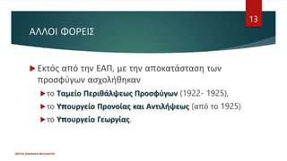 ΑΛΛΟΙ ΦΟΡΕΙΣ
 Εκτός από την ΕΑΠ, με την αποκατάσταση των
προσφύγων ασχολήθηκαν
το Ταμείο Περιθάλψεως Προσφύγων (1922- 1925),
το Υπουργείο Προνοίας και Αντιλήψεως (από το 1925)
το Υπουργείο Γεωργίας.
ΦΑΤΣΗ ΑΘΑΝΑΣΙΑ ΦΙΛΟΛΟΓΟΣ
13
 