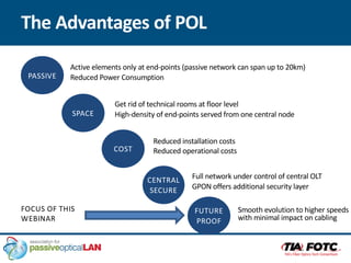 The Advantages of POL
Active elements only at end-points (passive network can span up to 20km)
Reduced Power Consumption
PASSIVE
SPACE
CENTRAL
SECURE
COST
Get rid of technical rooms at floor level
High-density of end-points served from one central node
Reduced installation costs
Reduced operational costs
FUTURE
PROOF
Full network under control of central OLT
GPON offers additional security layer
Smooth evolution to higher speeds
with minimal impact on cabling
FOCUS OF THIS
WEBINAR
 