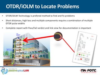 OTDR/iOLM to Locate Problems
• OTDR/iOLM Technology is prefered method to find and fix problems
• Short distances, high loss and multiple components require a combination of multiple
OTDR pulse widths
• Complete report with Pass/Fail verdict and link view for documentation is important
 