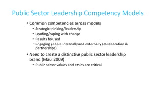 Public Sector Leadership Competency Models
• Common competencies across models
• Strategic thinking/leadership
• Leading/coping with change
• Results focused
• Engaging people internally and externally (collaboration &
partnerships)
• Need to create a distinctive public sector leadership
brand (Mau, 2009)
• Public sector values and ethics are critical
 