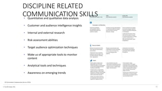 © The KPI Institute 2016
UK Government Communication Service (2016)
DISCIPLINE RELATED
COMMUNICATION SKILLS
42
• Quantitative and qualitative data analysis
• Customer and audience intelligence insights
• Internal and external research
• Risk assessment abilities
• Target audience optimization techniques
• Make us of appropriate tools to monitor
content
• Analytical tools and techniques
• Awareness on emerging trends
 