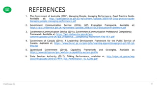 © The KPI Institute 2016
1. The Government of Australia (2007), Managing People, Managing Performance, Good Practice Guide.
Available at: http://publicsector.sa.gov.au/wp-content/uploads/20070101-Good-practice-guide-
Managing-people-managing-performance.pdf
2. Government Communication Service (2016), GCS Evaluation Framework. Available at:
https://gcs.civilservice.gov.uk/wp-content/uploads/2016/01/GCS-Evaluation-Framework.pdf
3. Government Communication Service (2016), Government Communication Professional Competency
Framework. Available at: https://gcs.civilservice.gov.uk/wp-
content/uploads/2016/06/gcs.civilservice...competency-Framework-Feb-16-1.pdf
4. Government of Canada (2016), A Leadership Development Framework for the Public Service of
Canada. Available at: https://www.tbs-sct.gc.ca/psm-fpfm/learning-apprentissage/ptm-grt/ldf-cpl-
eng.asp
5. Queensland Government (2016), Capability Frameworks and Strategies. Available at:
https://www.qld.gov.au/gov/workforce-capability-success-profile
6. State Services Authority (2012), Talking Performance, available at: http://vpsc.vic.gov.au/wp-
content/uploads/2015/03/WFP_Talk_Performance_-EL_Guide.pdf
REFERENCES
43
 