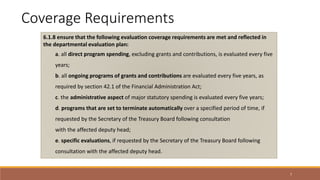 7
6.1.8 ensure that the following evaluation coverage requirements are met and reflected in
the departmental evaluation plan:
a. all direct program spending, excluding grants and contributions, is evaluated every five
years;
b. all ongoing programs of grants and contributions are evaluated every five years, as
required by section 42.1 of the Financial Administration Act;
c. the administrative aspect of major statutory spending is evaluated every five years;
d. programs that are set to terminate automatically over a specified period of time, if
requested by the Secretary of the Treasury Board following consultation
with the affected deputy head;
e. specific evaluations, if requested by the Secretary of the Treasury Board following
consultation with the affected deputy head.
Coverage Requirements
 