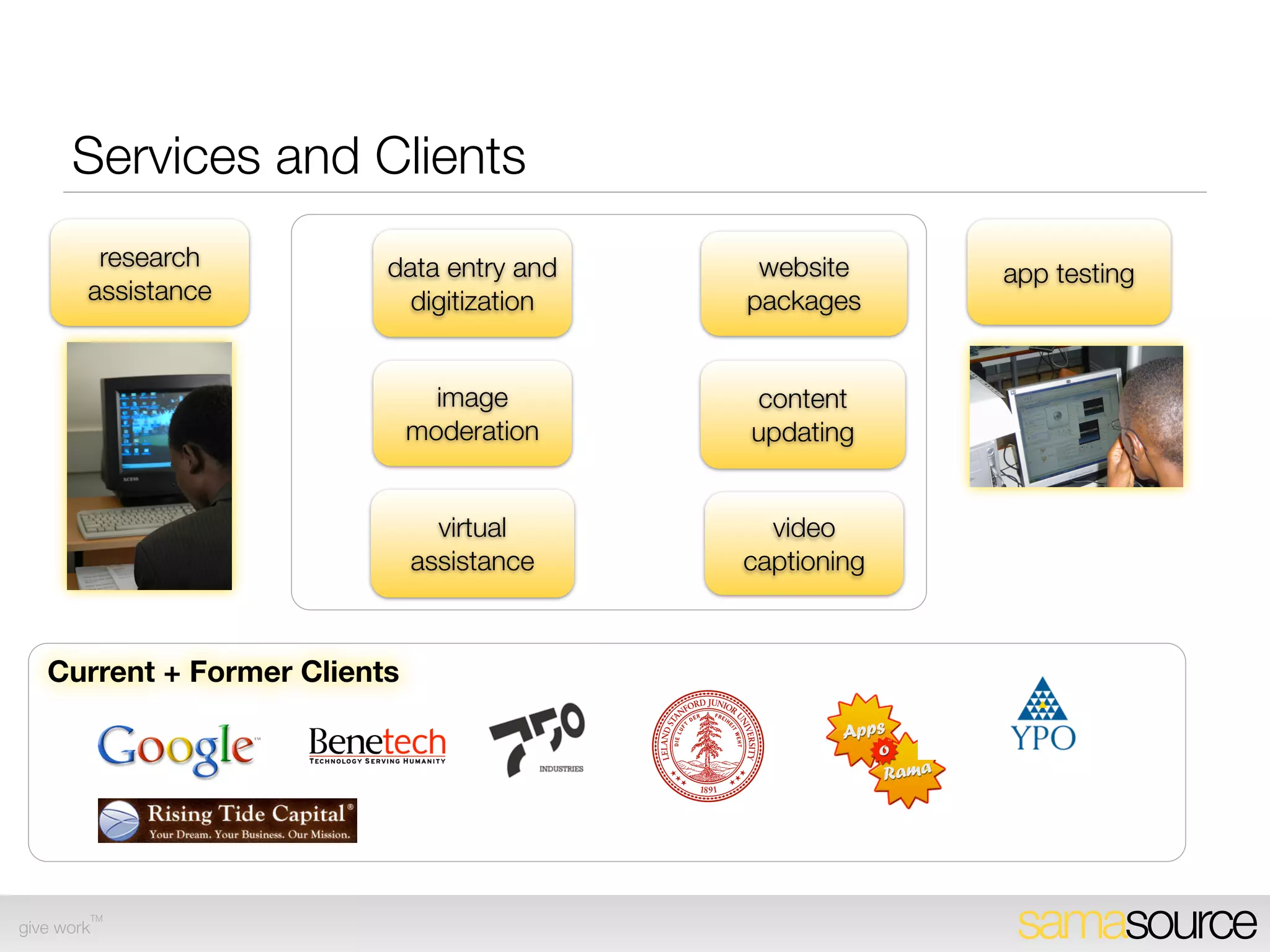 Expanding Work Opportunities for Partners
                      Facebook                                iPhone               Channel
                      Application                            Application           Buyers




        • Selected out of 50+ startups to
             receive funding from Facebook Fund
        • Facebook app allows refugee and
             Kenyan youth workers to test
             Facebook apps.
        • $2-$5/hr earning potential.

                                                                             • $210,000 in contracts
                                                  • Partnership w/ Dolores    secured
                                                   Labs
                                                                             • 5 core services,
                                                  • QA on refugee tasks       reﬁning to 3 with Bain
                                                                              team
                                                  • $1.50-$2.50/hr
                                                   earning potential         • 1% campaign - 2010

        TM
give work                                                                       samasource
 