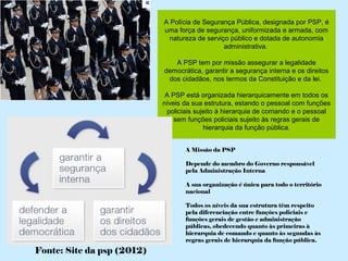 A Polícia de Segurança Pública, designada por PSP, é
                            uma força de segurança, uniformizada e armada, com
                              natureza de serviço público e dotada de autonomia
                                                administrativa.

                               A PSP tem por missão assegurar a legalidade
                            democrática, garantir a segurança interna e os direitos
                             dos cidadãos, nos termos da Constituição e da lei.

                             A PSP está organizada hierarquicamente em todos os
                            níveis da sua estrutura, estando o pessoal com funções
                             policiais sujeito à hierarquia de comando e o pessoal
                                sem funções policiais sujeito às regras gerais de
                                          hierarquia da função pública.


                                   A Missão da PSP

                                   Depende do membro do Governo responsável
                                   pela Administração Interna

                                   A sua organização é única para todo o território
                                   nacional

                                   Todos os níveis da sua estrutura têm respeito
                                   pela diferenciação entre funções policiais e
                                   funções gerais de gestão e administração
                                   públicas, obedecendo quanto às primeiras à
                                   hierarquia de comando e quanto às segundas às
                                   regras gerais de hierarquia da função pública.
Fonte: Site da psp (2012)
 