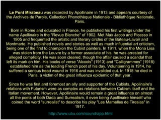 Le Pont Mirabeau  was recorded by Apollinaire in 1913 and appears courtesy of the Archives de Parole, Collection Phonothèq...