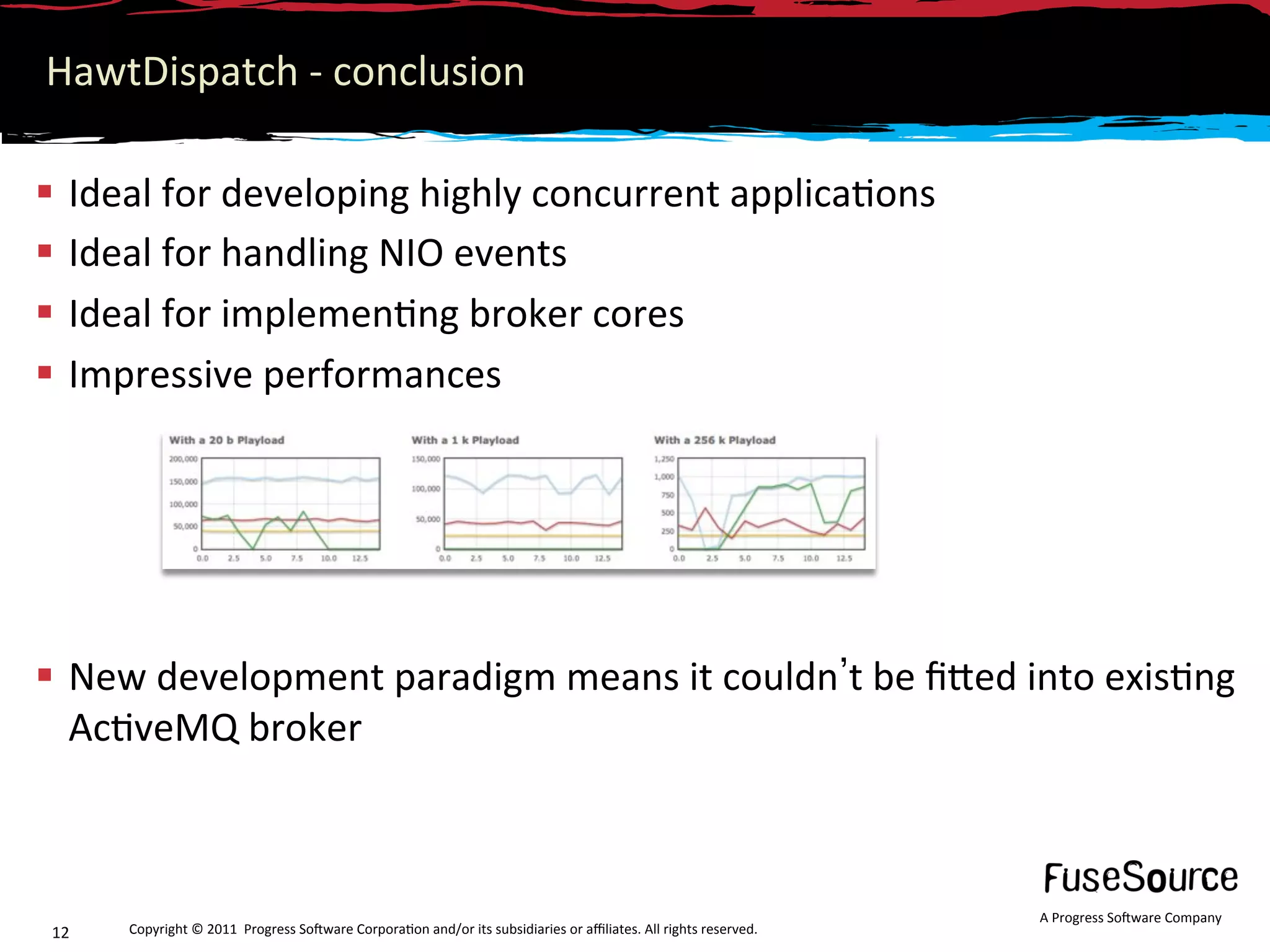 HawtDispatch ‐ conclusion 

  Ideal for developing highly concurrent applica6ons 
  Ideal for handling NIO events 
  Ideal for implemen6ng broker cores 
  Impressive performances 




  New development paradigm means it couldn t be ﬁNed into exis6ng 
   Ac6veMQ broker 



                                                                                                                   A Progress So3ware Company 
 12    Copyright © 2011  Progress So3ware Corpora6on and/or its subsidiaries or aﬃliates. All rights reserved.  
 