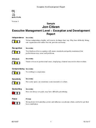 PDF
Apollo Profile
Version 4
Sample
Jon Citizen
Executive Management Level − Exception and Development
Report
Independence Secondary
Values independence highly, will want to do things their way. May have difficulty fitting
into organisation life unless the role provides autonomy.
Recognition Secondary
Very high need for recognition will ensure standards and quality maintained, but
perfectionism may cause staff problems.
Altruism Secondary
Tends to focus on professional issues, displaying a limited concern for others welfare.
Compromising Secondary
Too willing to compromise.
Sensitivity Secondary
Not easily upset, can sometimes seem insensitive to others.
Goalsetting Secondary
Does not always set goals, may have difficulty prioritising.
Power Primary
Strong desire for leadership, power and influence can alienate others, and fail to get their
best contribution.
Exception And Development Report
05/10/07 1 15:13:17
 