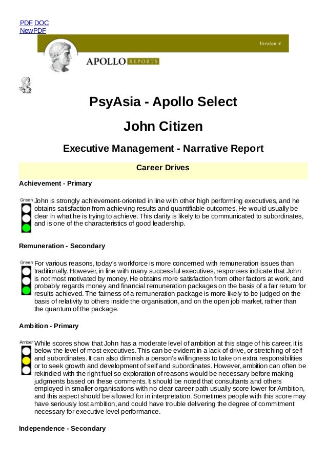 apollo executive level narrative personality report executive career level