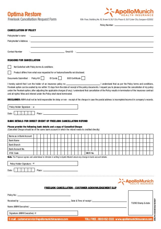 apollo munich optima restore freelook cancellation form insurance cancellation form