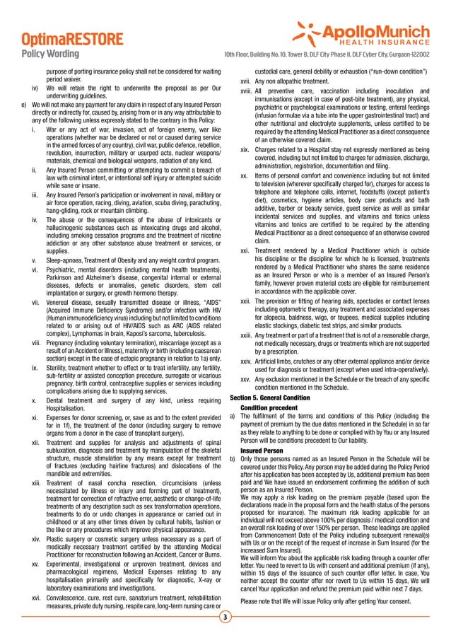 Apollo Munich Optima Restore Policy Wordings