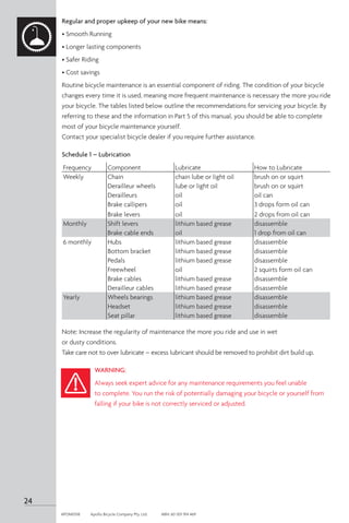 Regular and proper upkeep of your new bike means:
• Smooth Running
• Longer lasting components
• Safer Riding
• Cost savings
Routine bicycle maintenance is an essential component of riding. The condition of your bicycle
changes every time it is used, meaning more frequent maintenance is necessary the more you ride
your bicycle. The tables listed below outline the recommendations for servicing your bicycle. By
referring to these and the information in Part 5 of this manual, you should be able to complete
most of your bicycle maintenance yourself.
Contact your specialist bicycle dealer if you require further assistance.
Schedule 1 – Lubrication
Frequency Component Lubricate How to Lubricate
Weekly Chain chain lube or light oil brush on or squirt
Derailleur wheels lube or light oil brush on or squirt
Derailleurs oil oil can
Brake callipers oil 3 drops form oil can
Brake levers oil 2 drops from oil can
Monthly Shift levers lithium based grease disassemble
Brake cable ends oil 1 drop from oil can
6 monthly Hubs lithium based grease disassemble
Bottom bracket lithium based grease disassemble
Pedals lithium based grease disassemble
Freewheel oil 2 squirts form oil can
Brake cables lithium based grease disassemble
Derailleur cables lithium based grease disassemble
Yearly Wheels bearings lithium based grease disassemble
Headset lithium based grease disassemble
Seat pillar lithium based grease disassemble
Note: Increase the regularity of maintenance the more you ride and use in wet
or dusty conditions.
Take care not to over lubricate – excess lubricant should be removed to prohibit dirt build up.
WARNING:
Always seek expert advice for any maintenance requirements you feel unable
to complete. You run the risk of potentially damaging your bicycle or yourself from
falling if your bike is not correctly serviced or adjusted.
24
APOM0518	 Apollo Bicycle Company Pty. Ltd.	 ABN: 60 001 914 469
 