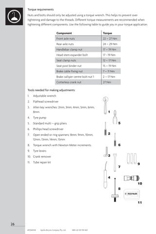Torque requirements
Nuts and bolts should only be adjusted using a torque wrench. This helps to prevent over
tightening and damage to the threads. Different torque measurements are recommended when
tightening different components. Use the following table to guide you in your torque application.
Component Torque
Front axle nuts 22 – 27 Nm
Rear axle nuts 24 – 29 Nm
Handlebar clamp nut 17 – 19 Nm
Head stem expander bolt 17 - 19 Nm
Seat clamp nuts 12 – 17 Nm
Seat post binder nut 15 – 19 Nm
Brake cable fixing nut 7 – 11 Nm
Brake calliper centre bolt nut 1 2 – 17 Nm
Cotterless crank nut 27 Nm
Tools needed for making adjustments:
1. 	 Adjustable wrench
2. 	 Flathead screwdriver
3. 	 Allen key wrenches: 2mm, 3mm, 4mm, 5mm, 6mm,
8mm
4.	 Tyre pump
5. 	 Standard multi – grip pliers
6. 	 Phillips head screwdriver
7. 	 Open ended or ring spanners: 8mm, 9mm, 10mm,
12mm, 13mm, 14mm, 15mm
8. 	 Torque wrench with Newton Meter increments
9.	 Tyre levers
10. 	 Crank remover
11.	 Tube repair kit
26
APOM0518	 Apollo Bicycle Company Pty. Ltd.	 ABN: 60 001 914 469
 