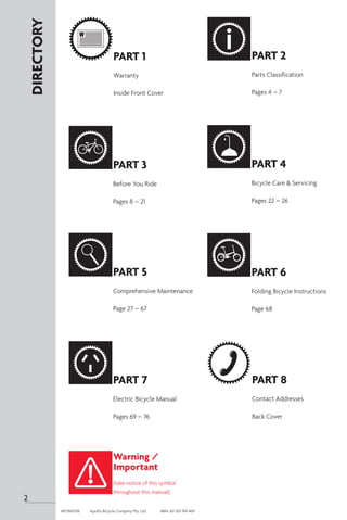DIRECTORY
PART 1
Warranty
Inside Front Cover
PART 2
Parts Classification
Pages 4 – 7
PART 3
Before You Ride
Pages 8 – 21
PART 4
Bicycle Care & Servicing
Pages 22 – 26
PART 7
Electric Bicycle Manual
Pages 69 – 76
PART 5
Comprehensive Maintenance
Page 27 – 67
PART 8
Contact Addresses
Back Cover
Warning /
Important
(take notice of this symbol
throughout this manual)
2
APOM0518	 Apollo Bicycle Company Pty. Ltd.	 ABN: 60 001 914 469
PART 6
Folding Bicycle Instructions
Page 68
 