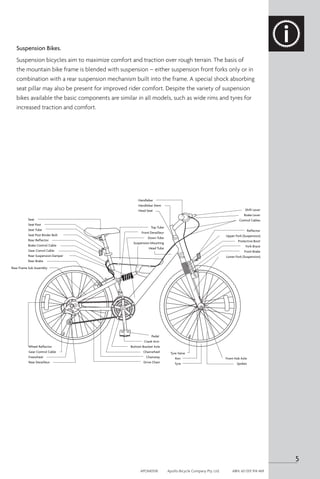 Suspension Bikes.
Suspension bicycles aim to maximize comfort and traction over rough terrain. The basis of
the mountain bike frame is blended with suspension – either suspension front forks only or in
combination with a rear suspension mechanism built into the frame. A special shock absorbing
seat pillar may also be present for improved rider comfort. Despite the variety of suspension
bikes available the basic components are similar in all models, such as wide rims and tyres for
increased traction and comfort.
Seat
Seat Post
Seat Tube
Seat Post Binder Bolt
Rear Reflector
Brake Control Cable
Gear Conrol Cable
Rear Suspension Damper
Rear Brake
Wheel Reflector
Gear Control Cable
Freewheel
Rear Derailleur
Pedal
Crank Arm
Bottom Bracket Axle
Chainwheel
Chainstay
Drive Chain
Tyre Valve
Rim
Tyre
Shift Lever
Brake Lever
Control Cables
Reflector
Upper Fork (Suspension)
Protective Boot
Fork Brace
Front Brake
Lower Fork (Suspension)
Front Hub Axle
Spokes
Handlebar
Handlebar Stem
Head Seat
Top Tube
Front Derailleur
Down Tube
Suspension Mounting
Head Tube
Rear Frame Sub Assembly
5
APOM0518	 Apollo Bicycle Company Pty. Ltd.	 ABN: 60 001 914 469
 