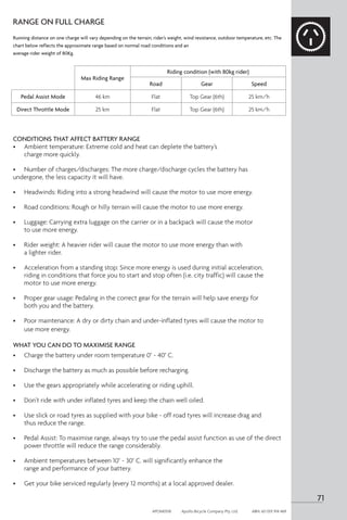 71
APOM0518	 Apollo Bicycle Company Pty. Ltd.	 ABN: 60 001 914 469
RANGE ON FULL CHARGE
Running distance on one charge will vary depending on the terrain, rider’s weight, wind resistance, outdoor temperature, etc. The
chart below reflects the approximate range based on normal road conditions and an
average rider weight of 80Kg.
CONDITIONS THAT AFFECT BATTERY RANGE
•	 Ambient temperature: Extreme cold and heat can deplete the battery’s
	 charge more quickly.
•	 Number of charges/discharges: The more charge/discharge cycles the battery has 		
undergone, the less capacity it will have.
•	 Headwinds: Riding into a strong headwind will cause the motor to use more energy.
•	 Road conditions: Rough or hilly terrain will cause the motor to use more energy.
•	 Luggage: Carrying extra luggage on the carrier or in a backpack will cause the motor
	 to use more energy.
•	 Rider weight: A heavier rider will cause the motor to use more energy than with
	 a lighter rider.
•	 Acceleration from a standing stop: Since more energy is used during initial acceleration, 	
	 riding in conditions that force you to start and stop often (i.e. city traffic) will cause the 	
	 motor to use more energy.
•	 Proper gear usage: Pedaling in the correct gear for the terrain will help save energy for 	
	 both you and the battery.
•	 Poor maintenance: A dry or dirty chain and under-inflated tyres will cause the motor to 	
	 use more energy.
WHAT YOU CAN DO TO MAXIMISE RANGE
•	 Charge the battery under room temperature 0° ~ 40° C.
•	 Discharge the battery as much as possible before recharging.
•	 Use the gears appropriately while accelerating or riding uphill.
•	 Don’t ride with under inflated tyres and keep the chain well oiled.
•	 Use slick or road tyres as supplied with your bike - off road tyres will increase drag and 	
	 thus reduce the range.
•	
Pedal Assist: To maximise range, always try to use the pedal assist function as use of the direct
power throttle will reduce the range considerably.
•	 Ambient temperatures between 10° ~ 30° C. will significantly enhance the
	 range and performance of your battery.
•	 Get your bike serviced regularly (every 12 months) at a local approved dealer.
Max Riding Range
Riding condition (with 80kg rider)
Road Gear Speed
Pedal Assist Mode 46 km Flat Top Gear (6th) 25 km/h
Direct Throttle Mode 25 km Flat Top Gear (6th) 25 km/h
 