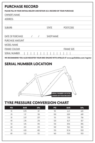 PLEASE FILL IN YOUR DETAILS BELOW AND RETAIN AS A RECORD OF YOUR PURCHASE
OWNER'S NAME
ADDRESS
SUBURB					 STATE		 POSTCODE
DATE OF PURCHASE	 / / 	 SHOP NAME
PURCHASE AMOUNT
MODEL NAME
FRAME COLOUR						 FRAME SIZE
SERIAL NUMBER | | | | | | | | | | | | | | |
WE RECOMMEND YOU ALSO REGISTER YOUR BIKE ONLINE WITH APOLLO AT www.apollobikes.com/register
10 0.70 69
20 1.37 138
30 2.07 207
40 2.76 276
50 3.45 345
60 4.14 414
70 4.83 482
80 5.52 551
90 6.21 620
100 8.89 689
110 7.58 758
120 8.27 827
130 8.96 896
140 9.65 965
150 10.34 1032
160 11.03 1103
PSI BAR kPa PSI BAR kPa
PURCHASE RECORD
TYRE PRESSURE CONVERSION CHART
SERIAL NUMBER LOCATION
SERIAL NUMBER LOCATED
UNDER BOTTOM BRACKET
 