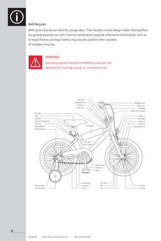 BMX Bicycles.
BMX style bicycles are ideal for young riders. Their durable, simple design makes them perfect
for general purpose use with minimal maintenance required. Alternative frame styles, such as
U-shape frames and loop frames, may also be used for other varieties
of children’s bicycles.
Top Tube
Seat
Seat Post
Seat Post Binder Bolt
Seat Stay
Rear Reflector
Wheel Reflector
Rear Sprocket
Training Wheel
Crash Pad
Handlebar Stem
Head Set
Head Tube
Chainwheel
Chainstay
Chain
Tyre Valve
Rim
Tyre
Handlebar Grip
Brake Lever
Handlebar
Brake Control Cable
Reflector
Front Brake
Brake Pad
Front Fork
Wheel Reflector
Front Hub
Spokes
Chain Guard
Crank Arm
Pedal
Crash Pad
Seat Tube
Down Tube
WARNING:
General purpose freestyle and BMX bicycles are not
designed for stunting, racing, or competition use.
6
APOM0518	 Apollo Bicycle Company Pty. Ltd.	 ABN: 60 001 914 469
 