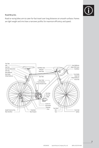 Road Bicycles.
Road or racing bikes aim to cater for fast travel over long distances on smooth surfaces. Frames
are light weight and rims have a narrower profile, for maximum efficiency and speed.
Top Tube
Seat
Seat Post
Seat Post Binder Bolt
Seat Stay
Rear Reflector
Rear Brake
Wheel Reflector
Spoke Protector Disc.
Rear Derailleur
Freewheel
Rear Dropout
Handlebar Stem
Head Set
Head Tube
Seat Tube
Down Tube
Front Derailleur
Bottom Bracket Axle
Toe Strap
Toe Clip
Pedal
Crank Arm
Chainwheel
Chainstay
Chain
Tyre Valve
Rim
Tyre
Brake Control Cable
Front Reflector
Brake/Shift Lever
Handlebar
Front Brake
Brake Pad
Wheel Reflector
Front Fork
Front Hub
Spokes
7
APOM0518	 Apollo Bicycle Company Pty. Ltd.	 ABN: 60 001 914 469
 