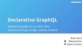 Adding GraphQL to our REST APIs
without writing a single custom resolver
Declarative GraphQL
Bryan Kane
! @bryanskane
" bryan-coursera
 