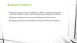 • Information systems forms a backbone of AHPL to operate 19 hospitals,
a network of other care sites, and international and commercial ventures.
• Setting up a separate server for every application, and its servers.
• Managing information across different versions of UNIX, and windows.
Business Problem
 
