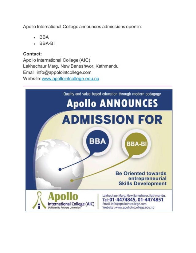 Apollo International College calls for admission in BBA and BBA-BI | PDF