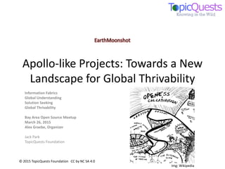 Apollo-like Projects: Towards a New
Landscape for Global Thrivability
Information Fabrics
Global Understanding
Solution Seeking
Global Thrivability
Bay Area Open Source Meetup
March 26, 2015
Alex Graebe, Organizer
Jack Park
TopicQuests Foundation
© 2015 TopicQuests Foundation CC by NC SA 4.0
Img: Wikipedia
 