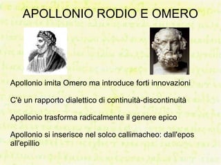 APOLLONIO RODIO E OMERO




Apollonio imita Omero ma introduce forti innovazioni

C'è un rapporto dialettico di continuità-discontinuità

Apollonio trasforma radicalmente il genere epico

Apollonio si inserisce nel solco callimacheo: dall'epos
all'epillio
 