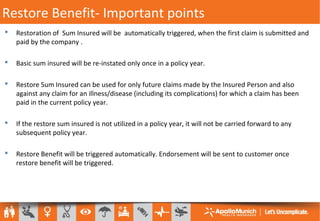Restore Benefit- Important points
 Restoration of Sum Insured will be automatically triggered, when the first claim is submitted and
paid by the company .
 Basic sum insured will be re-instated only once in a policy year.
 Restore Sum Insured can be used for only future claims made by the Insured Person and also
against any claim for an illness/disease (including its complications) for which a claim has been
paid in the current policy year.
 If the restore sum insured is not utilized in a policy year, it will not be carried forward to any
subsequent policy year.
 Restore Benefit will be triggered automatically. Endorsement will be sent to customer once
restore benefit will be triggered.
 