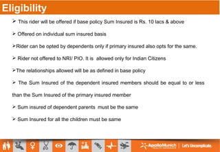 Eligibility
 This rider will be offered if base policy Sum Insured is Rs. 10 lacs & above
 Offered on individual sum insured basis
Rider can be opted by dependents only if primary insured also opts for the same.
 Rider not offered to NRI/ PIO. It is allowed only for Indian Citizens
The relationships allowed will be as defined in base policy
 The Sum Insured of the dependent insured members should be equal to or less
than the Sum Insured of the primary insured member
 Sum insured of dependent parents must be the same
 Sum Insured for all the children must be same
 