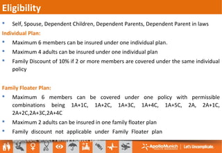  Self, Spouse, Dependent Children, Dependent Parents, Dependent Parent in laws
Individual Plan:
 Maximum 6 members can be insured under one individual plan.
 Maximum 4 adults can be insured under one individual plan
 Family Discount of 10% if 2 or more members are covered under the same individual
policy
Family Floater Plan:
 Maximum 6 members can be covered under one policy with permissible
combinations being 1A+1C, 1A+2C, 1A+3C, 1A+4C, 1A+5C, 2A, 2A+1C,
2A+2C,2A+3C,2A+4C
 Maximum 2 adults can be insured in one family floater plan
 Family discount not applicable under Family Floater plan Family discount not
applicable under Family Floater plan
Eligibility
 
