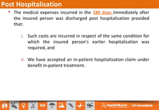 Post Hospitalisation
 The medical expenses incurred in the 180 days immediately after
the insured person was discharged post hospitalisation provided
that:
i. Such costs are incurred in respect of the same condition for
which the insured person’s earlier hospitalisation was
required, and
ii. We have accepted an in-patient hospitalisation claim under
benefit in-patient treatment.
 
