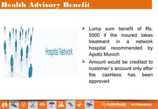 Health Advisory Benefit
 Lump sum benefit of Rs.
5000 if the insured takes
treatment in a network
hospital recommended by
Apollo Munich
 Amount would be credited to
customer`s account only after
the cashless has been
approved
 