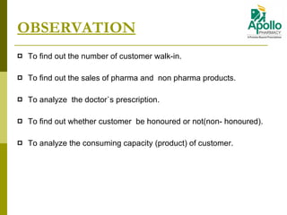 OBSERVATION To find out the number of customer walk-in. To find out the sales of pharma and  non pharma products. To analyze  the doctor`s prescription. To find out whether customer  be honoured or not(non- honoured). To analyze the consuming capacity (product) of customer. 