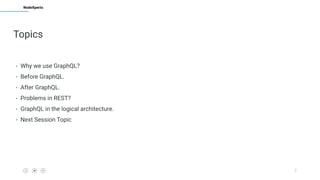 2
NodeXperts
Topics
- Why we use GraphQL?
- Before GraphQL.
- After GraphQL.
- Problems in REST?
- GraphQL in the logical architecture.
- Next Session Topic
 